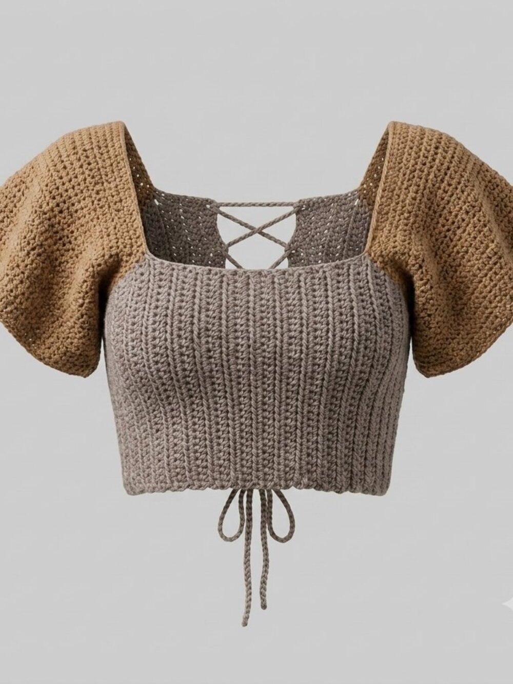 Two-Tone Beige Crochet Lace-Up Corset Crop Top Small/Medium